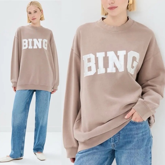 NWT Anine Bing Tyler Satin Block Letter Logo Oversized Pullover Sweatshirt Top M - Picture 2 of 11